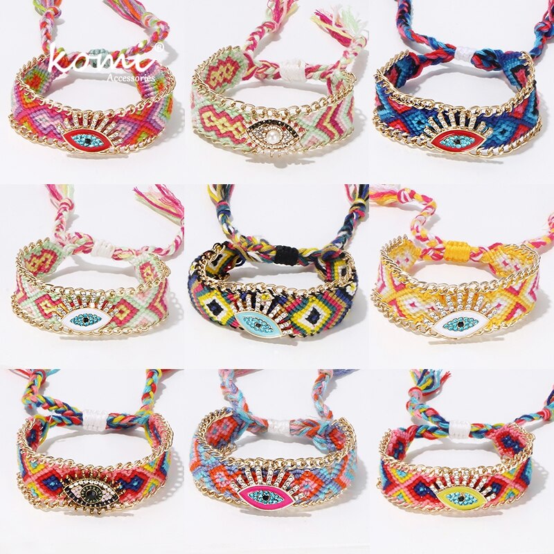 KOMi Kreative Bohemien handgefertigt gewebte Ethik Armbänder Für Frauen Bunte Augen Strass Kristall Quaste Armbinde K1128