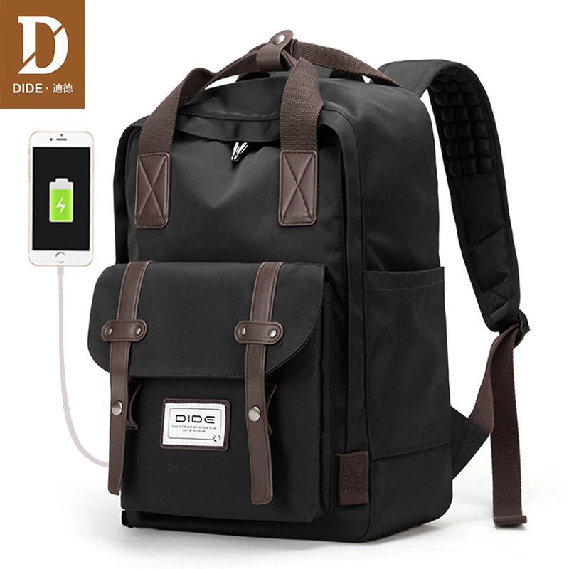 DIDE moda w stylu zwykły, czarny plecak męnarty z ładowaniem USB podróżny plecak PU skóra 14/15 calowy plecak na laptopa męnarty tornister