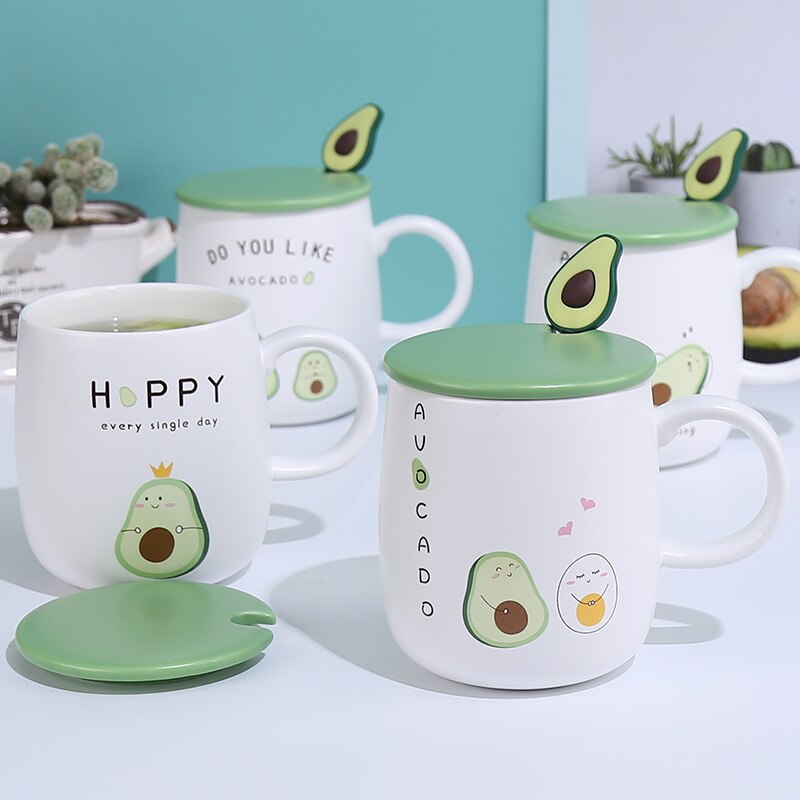 Cartoon Avocado Ceramic Coffee Mug With Lid Spoon Heat-resistant Milk Tea Water Mugs Home Office School Drinkware Cup Cute