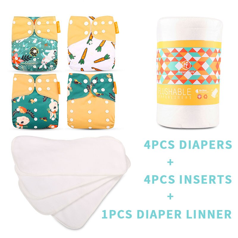 Happyflûte-couche lavable réutilisable, 4 Inserts + 1 couche jetable, taille ajustable, convient aux bébés de 3 à 15KG: SMT008-B19