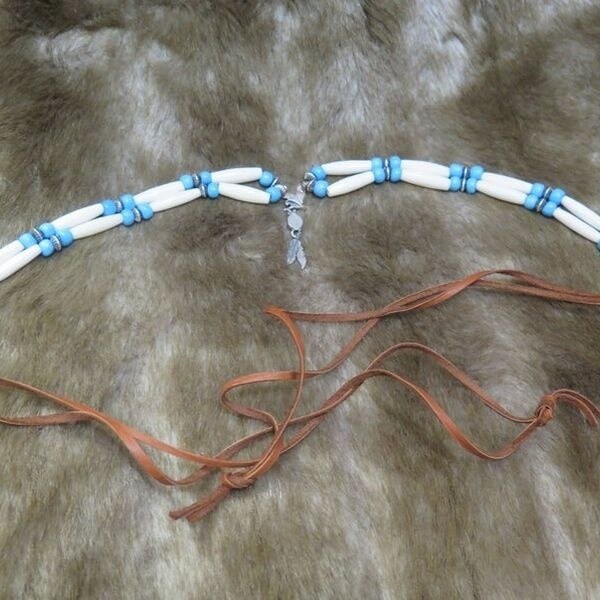 Mooie Vintage Sterling Sliver Eagle W/Ronde Turquoise Stone Buffalo Bone Choker Ketting Antieke Glazen Blauwe Kralen: Default Title