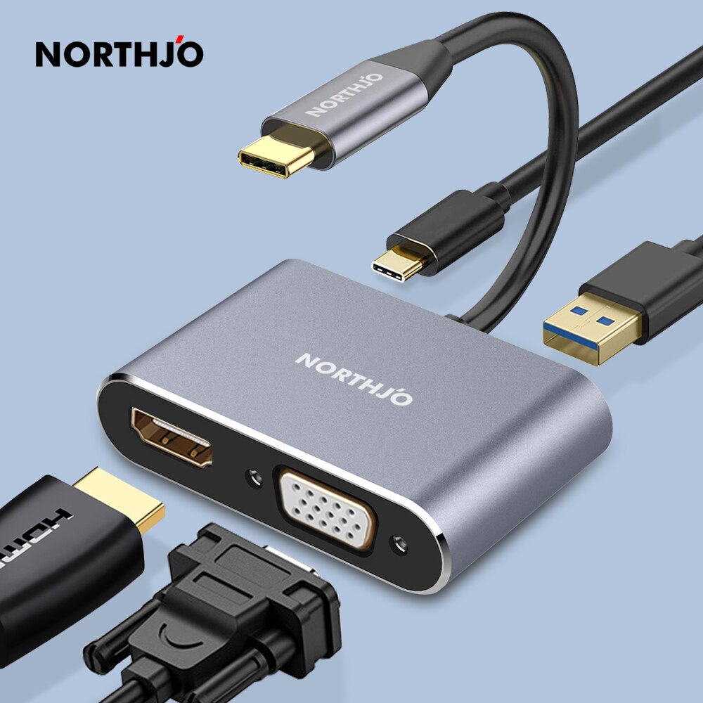 Northjo usb c para hdmi vga adaptador hub com 4k 1080p usb 3.0 usb c pd carregamento para macbook pro ar ipad pro e tipo c dispositivos