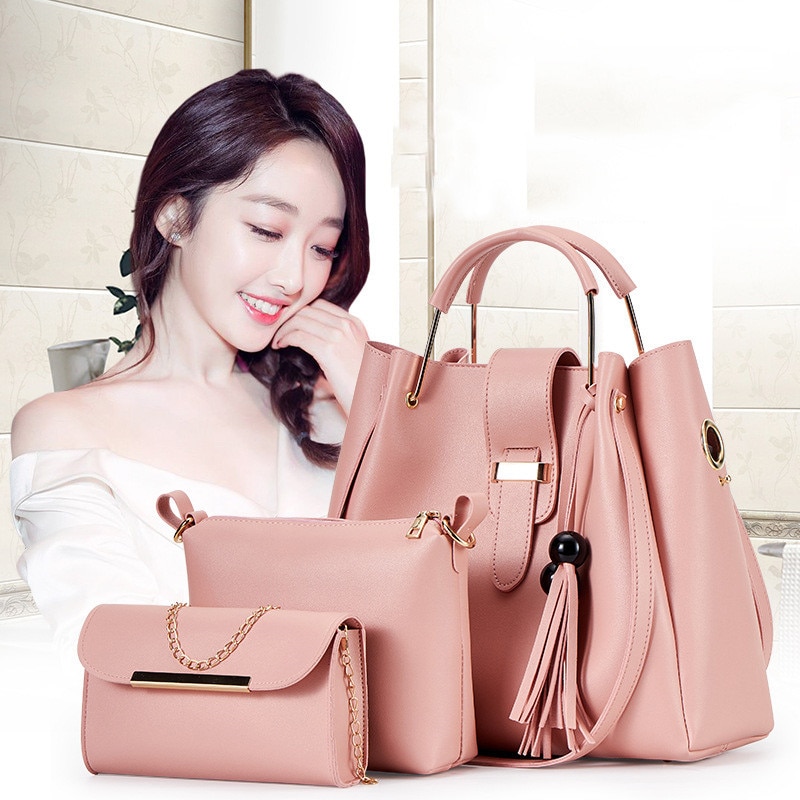 3PCS Composite Bags For Women Bag Sets PU Leather Shoulder Bags Tassel Handbag Casual Tote Composite Messenger Bag