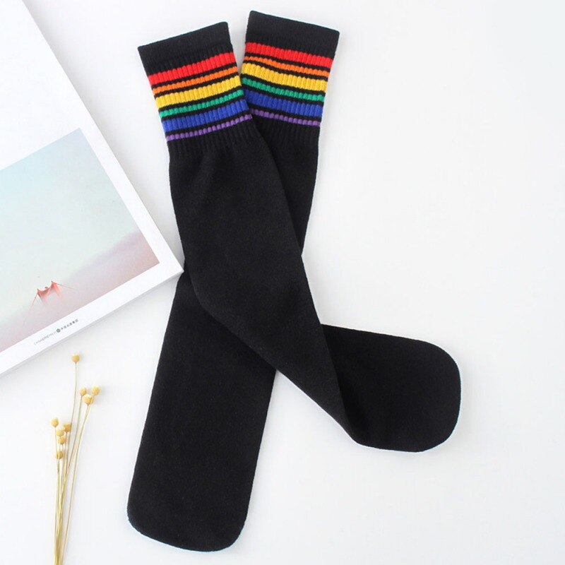 Kids Boys Girls Rainbow Striped Sock Children Soft Knee High Socks Cotton Student Football Sports Socks: B / 3-15Y     M