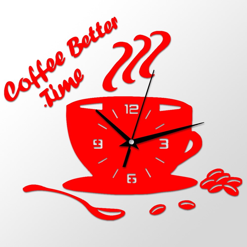 DIY Acrylic Kitchen Wall Clock Modern Coffee Cup Shape Digital Clock Wall Art Home Decor Hollow Numeral Clock: Red / L