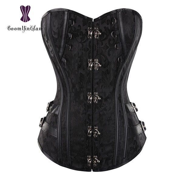 Midja tränare brokad steampunk jacquard konstläder dubbade överbyst brun korsett bustier med kedjor s -6xl 916#: Svart / S