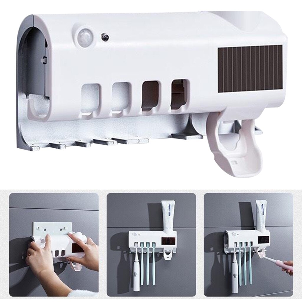 Wall-Mounted UV Light Toothbrush Sterilizer Box Holder Auto Toothpaste Dispenser