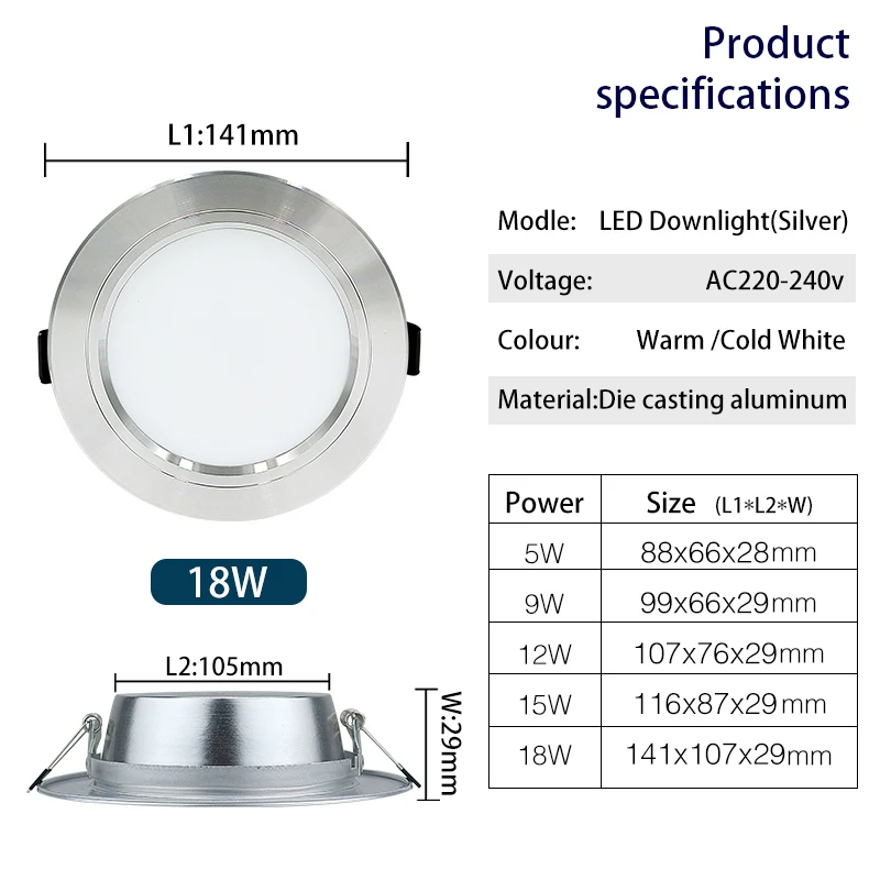 10 kpl/erä led-alasvalot 5w 9w 12w 15w 18w ac 220v 230v 240v led-kattoalasvalot lamput led-kattovalaisin kodin sisävalaistus
