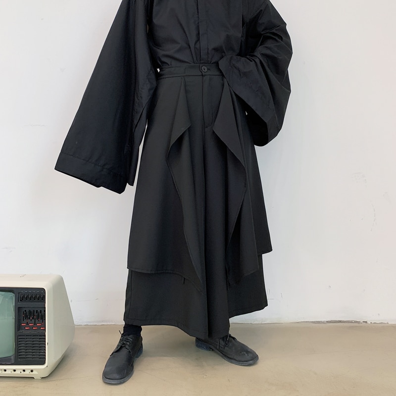 Miehet rento mustat leveät lahkeet housuhameet miespuoliset naiset japani katuvaatteet punk gootti kimono housut haaremi housut näyttämövaatteet