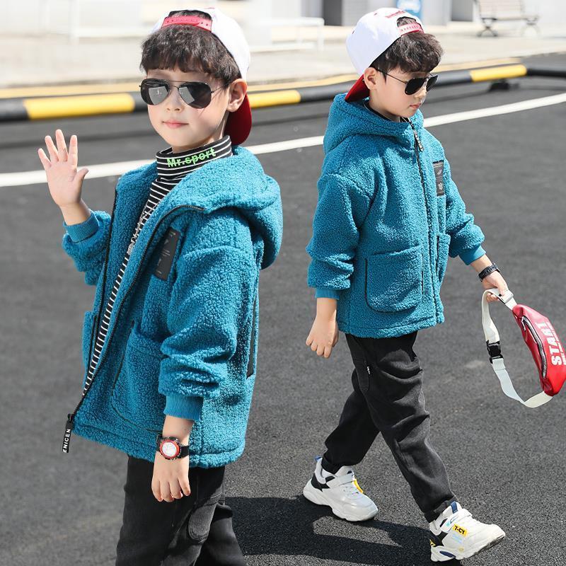 Para meninos outono e inverno 2022 nova escola de ensino médio roupas infantis primavera e outono roupas de pelúcia grosso casaco de moda estrangeira: Blue thickening / 170-160cm-170cm
