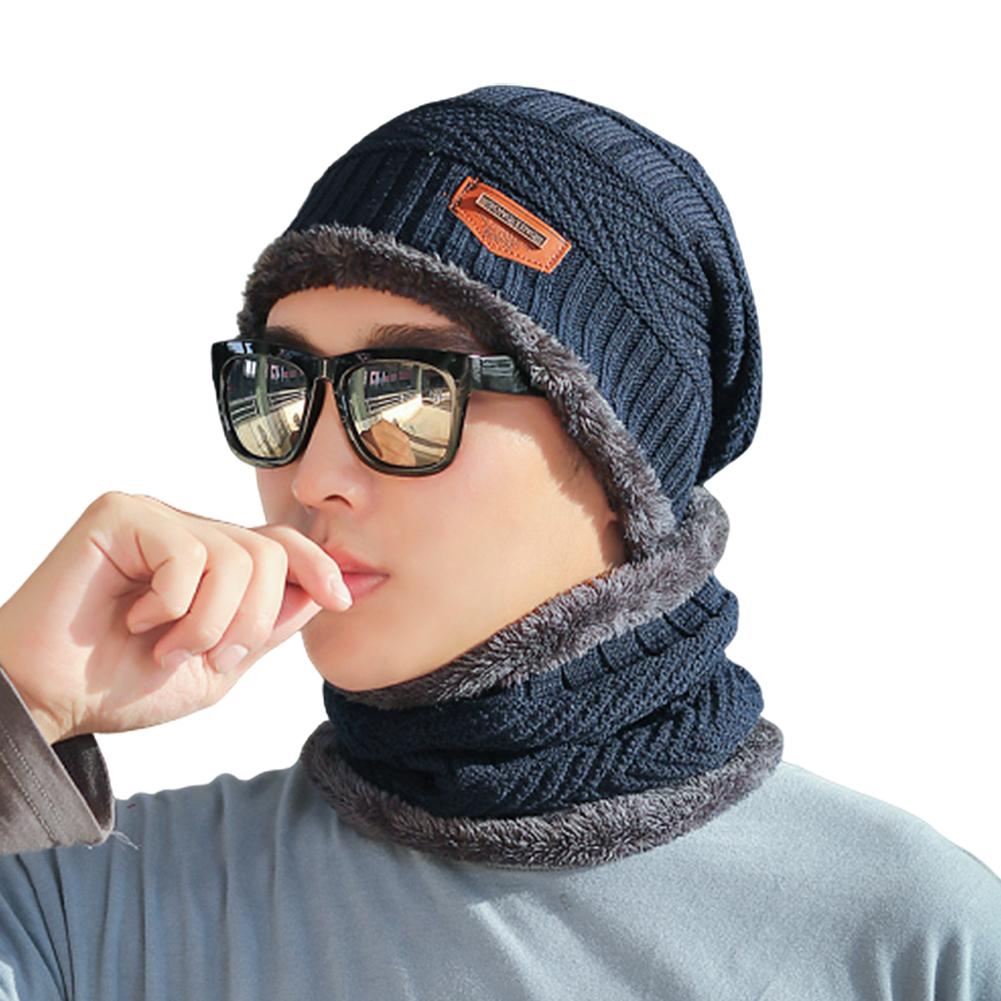 Winddichte gebreide muts/sjaalset voor heren in de winter, warme, dikke fleece muts/sjaalset, effen gebreide skimuts/ringsjaal: Blauw