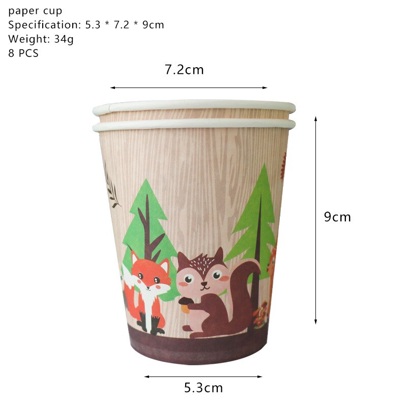 Forest animal theme party fox hedgehog pattern children's birthday party decoration animal balloon disposable napkin plate: 8pcs cup