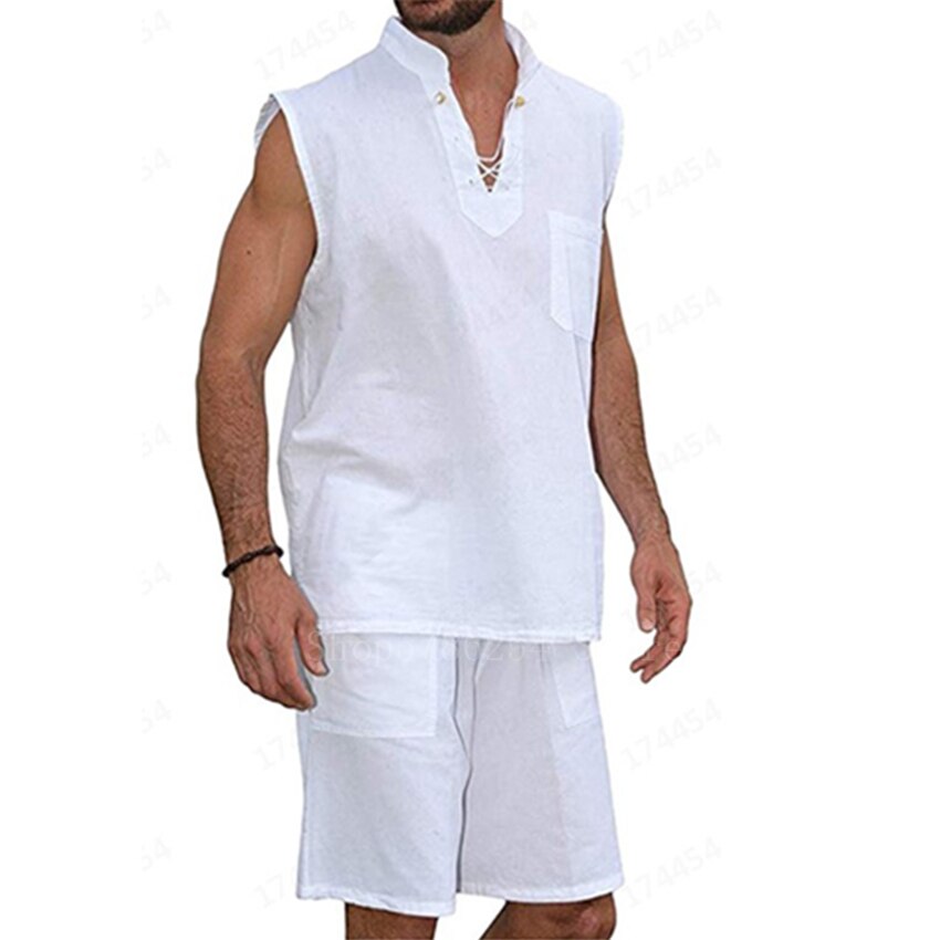 2 stk retro mand viking pirat tøj middelalderscene massiv linned skjorte v-hals ærmeløs bandage t-shirt afslappet renæssance nordisk