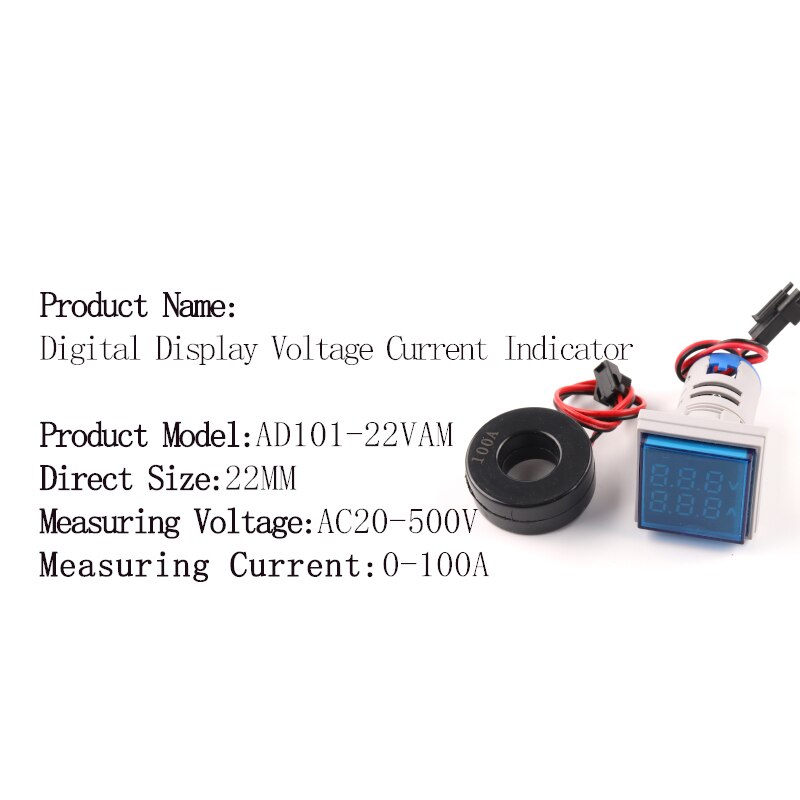 22mm okrągły kwadrat podwójna lampa doprowadziło wskaźnik pilot LightDigital woltomierz amperomierz 0-100A wzmacniacz napięcie wolt miernik testowy AC 20-500V: VAM kwadrat niebieski