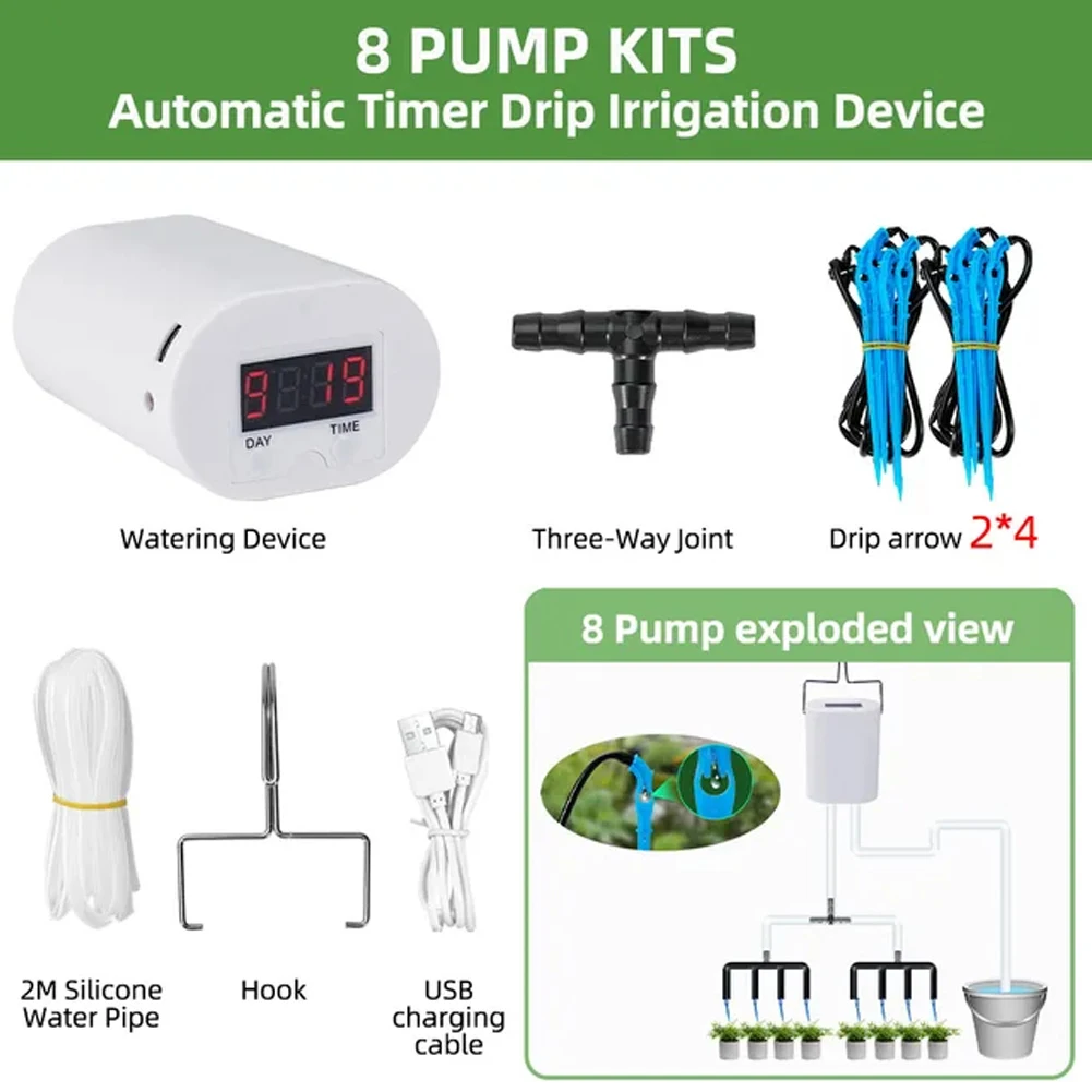 Automatic Plant Flower Watering Pump 2/8/16 Heads Pump Flowers Home Sprinkler Drip Irrigation Device Garden Self-Watering Tool: WHITE