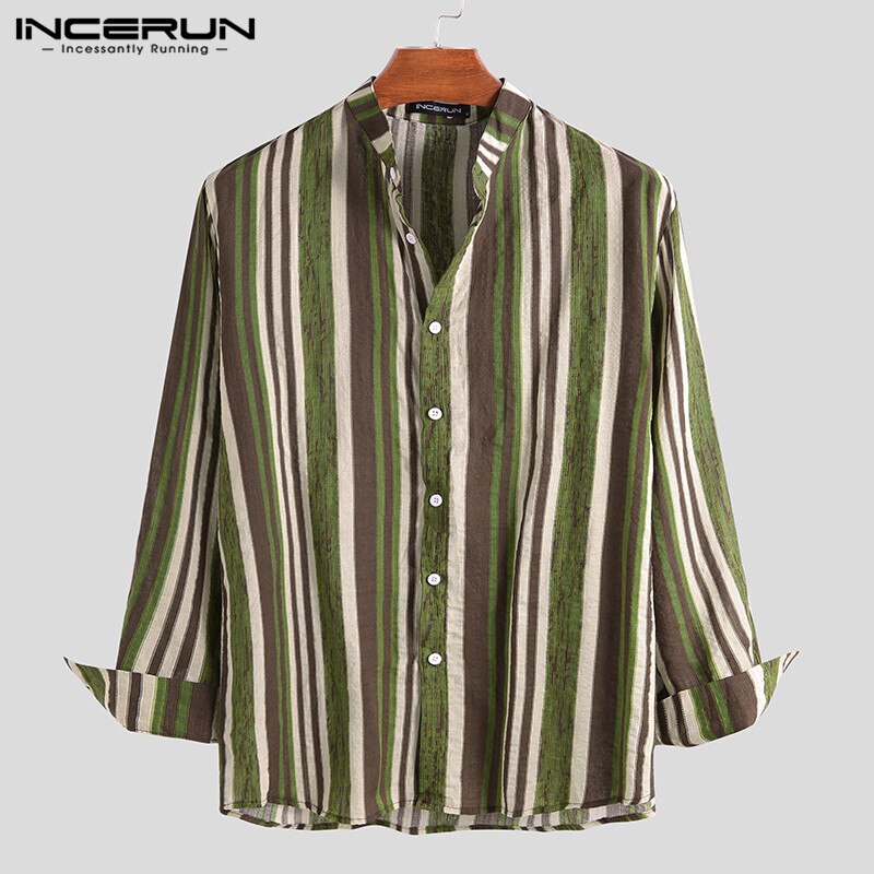 Incerun Vintage Gestreepte Mannen Shirts Lange Mouw Stand Kraag Blouse Man Katoen Chic Ademende Casual Shirts Lente Mens Camisa