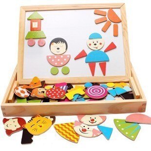 Multifunktionelt træ familie husdyr by magnetisk puslespil magiske terninger staffeli dobbeltsider tegnebræt børn legetøj til børn: Familie