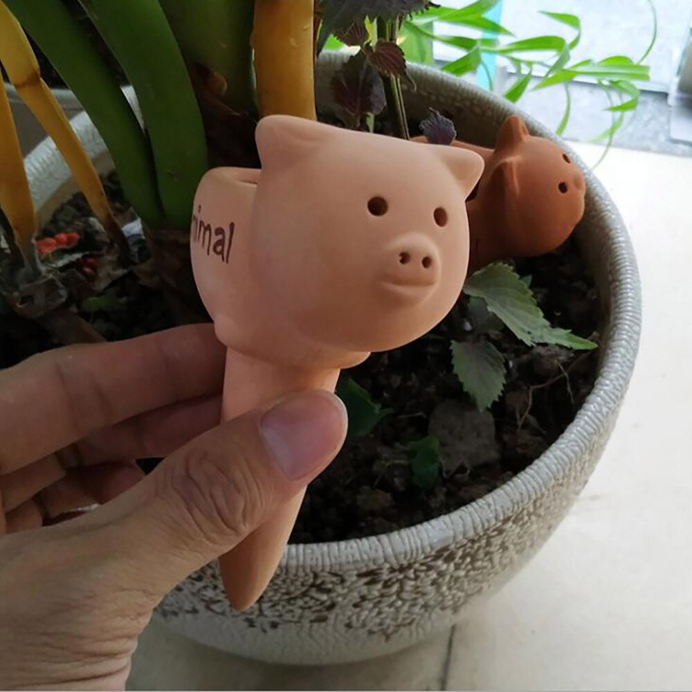 Pincho de riego automático de terracota para plantas de interior y exterior, herramienta gotero de arcilla de cerámica con dibujos animados de animales, paquete de 2 unidades