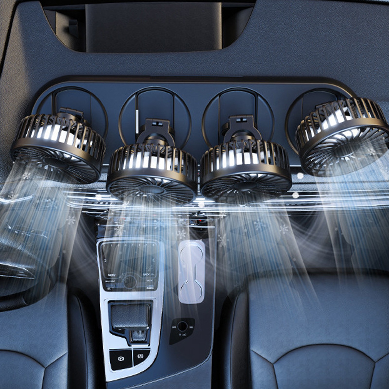 Bilvifte 360 ° justerbar 4- hodet luftvifte bil elektrisk vifte usb /12v/24v vifte 3 hastigheter stillegående bilvifte for hjemmekontor kontor og bil