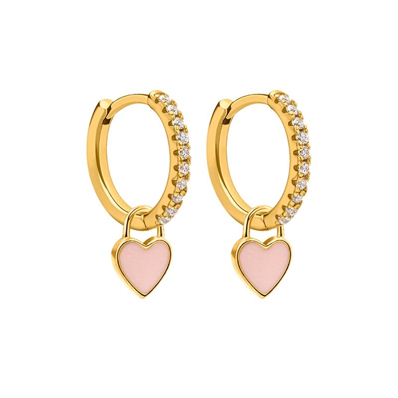 GS 925 Sterling Silver Hoop Earrings With Cute Candy Neon Color Enamel Heart Charm Earring Gold Silver Color For Girls: gold-pink