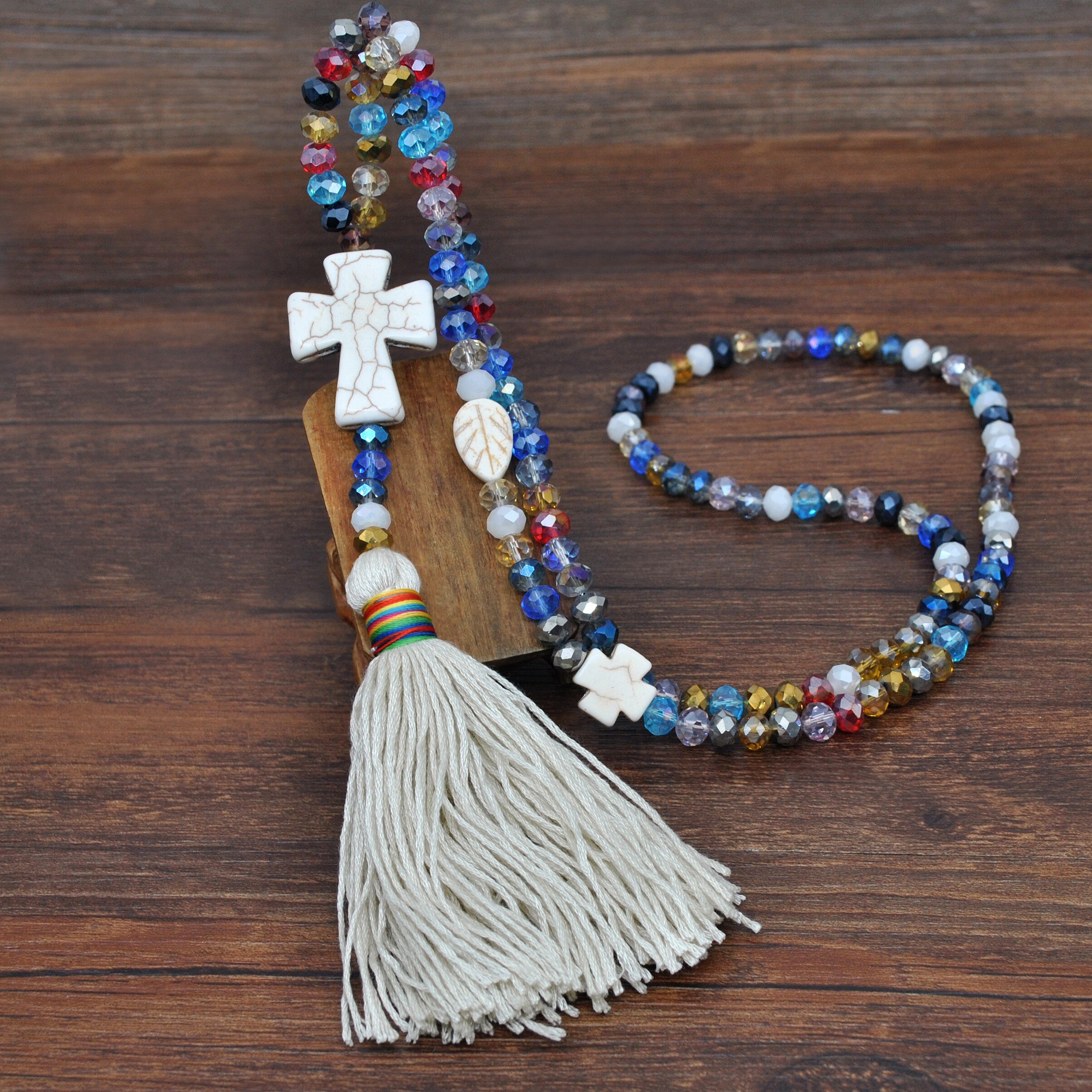 Yumfeel novo colar jóias artesanal multicolorido cristal cruz de vidro colar longo jóias femininas