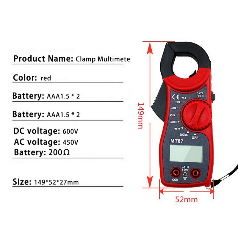 Digitale stroomtang multimeter wisselstroom/gelijkstroom spanning transistor tester vermogensmeter stroomtang test stroomtang: Mt87 rode