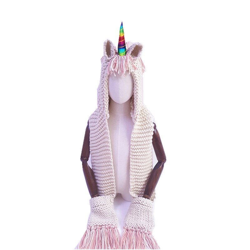 Kids Girls Rainbow Unicorn Soft Skullies Beanies Hats Shawl Scarf Set With Two Pockets Warm Knitted Bonnet Cap Christmas: color Angle / M