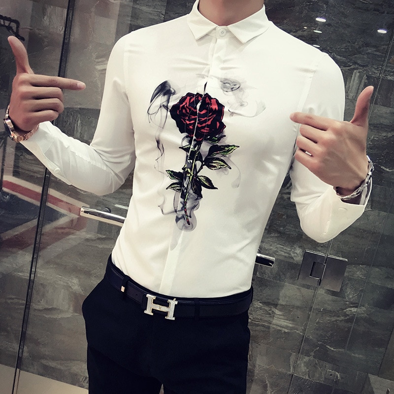 Camisas ajustadas coreanas para hombre , camisetas sociales informales con estampado Digital de manga larga para Club nocturno o , Camisa Masculina