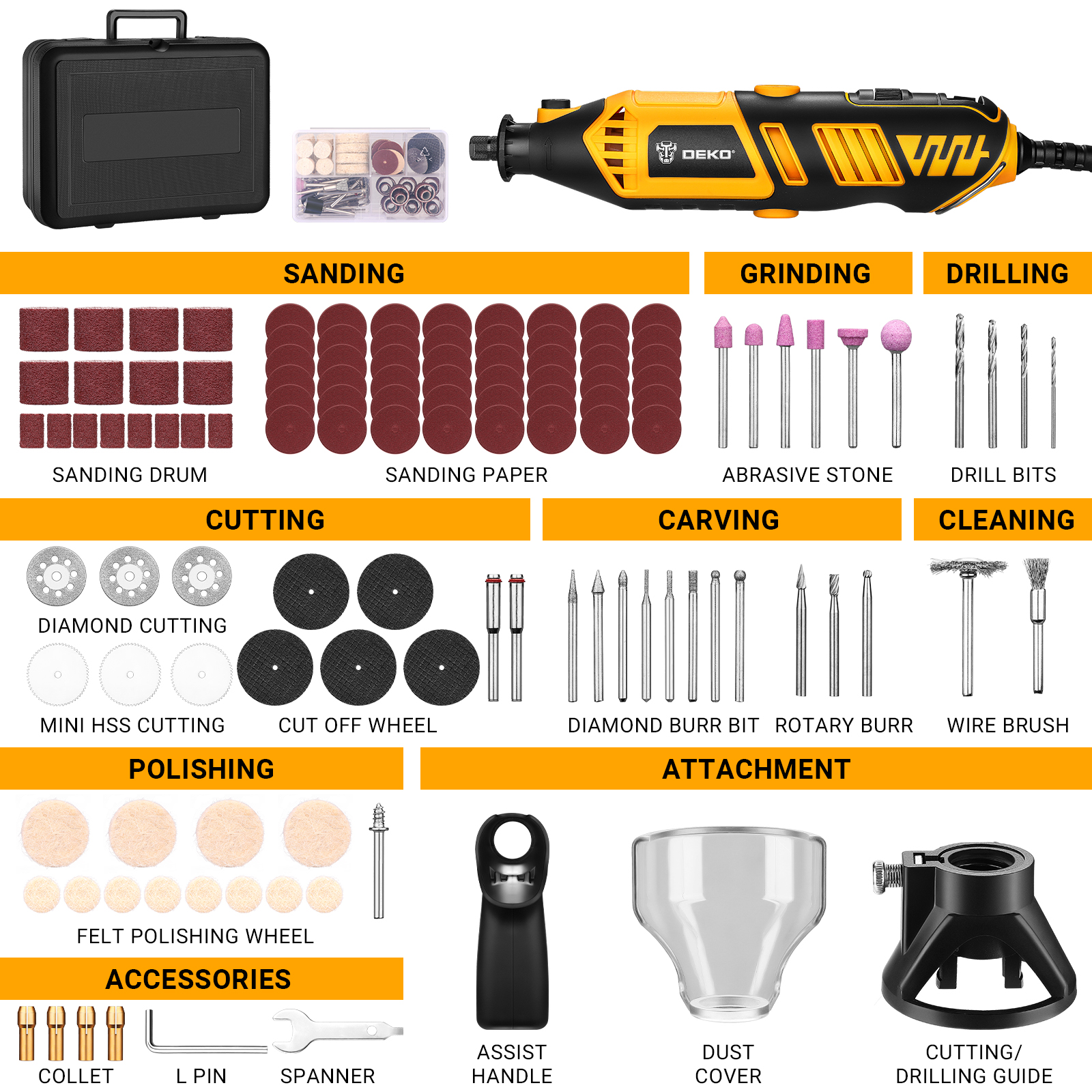 DEKO 220v Kit d'outils rotatifs électriques outils rotatifs à main Mini pour bois/métal, meuleuse électrique perceuse: Black