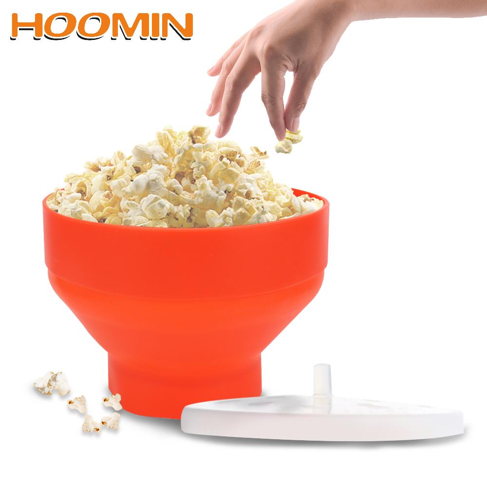HOOMIN Popcorn Maker Silicone Red with Lid Microwave Popcorn Bowl Bucket Kitchen Easy Tools Chips Fruit Dish DIY