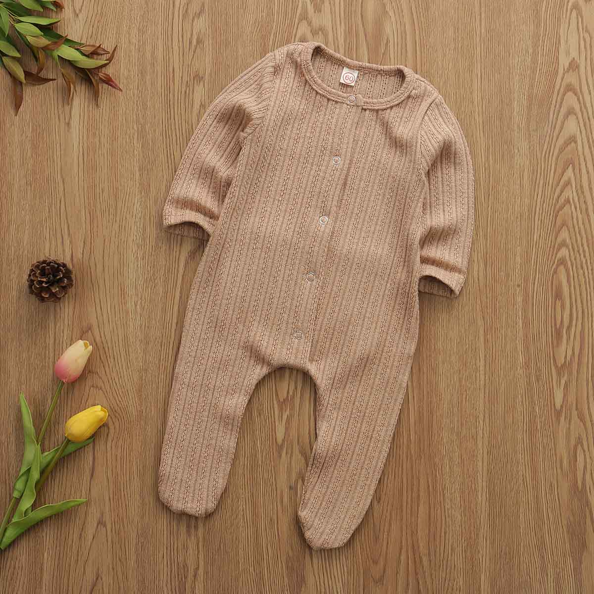 Newborn Baby Clothes Girl Boy Kid Knit Baby Romoper Long Sleeve Wrap feet Jumpsuit PP Pants Spring Warm Clothes Outfit 0-9M: Brown / Newborn