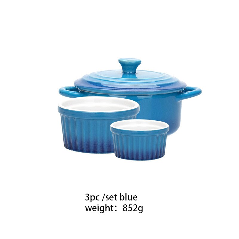 Gradiënten Keramische Cakevorm Bakplaat Set Pudding Mould Keuken Oven Ronde Bakvormen Pan Met Deksel Soepkom: 3pc blue