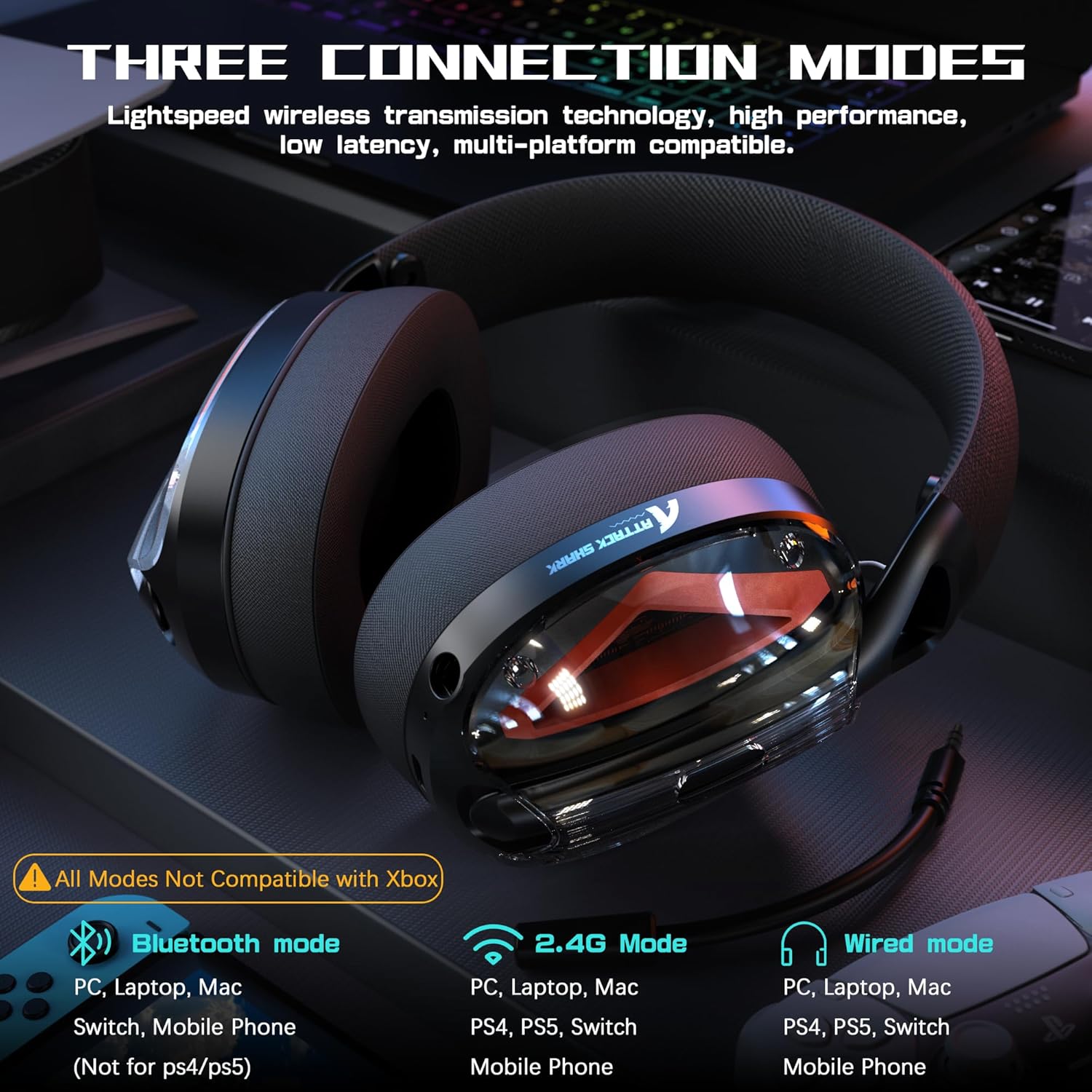 Trójtrybowy zestaw słuchawkowy do gier Attack Shark L60, lekki 230 g, mikrofon z możliwością podłączenia, tuba 40 mm, wyraźne połączenia, do komputera PC/PS5/PS4/Switch