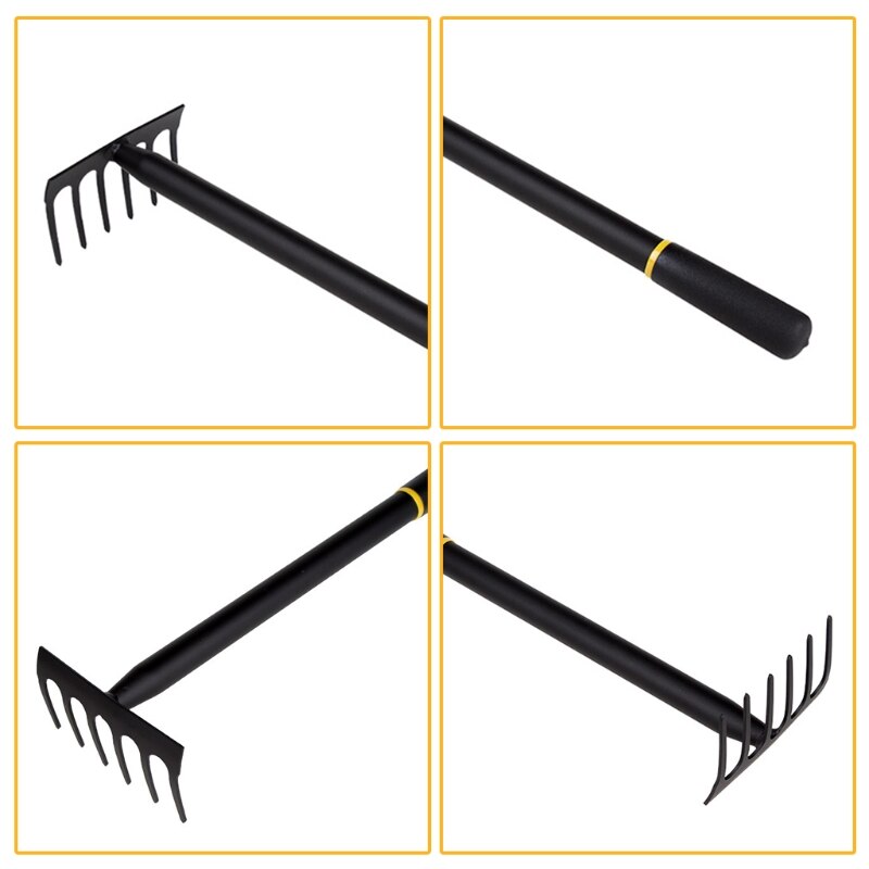 Garden Hand Rake - 6 Tines Metal Garden Cultivator Rake Small Tiller Tools with High Carbon Steel Heads for Planting