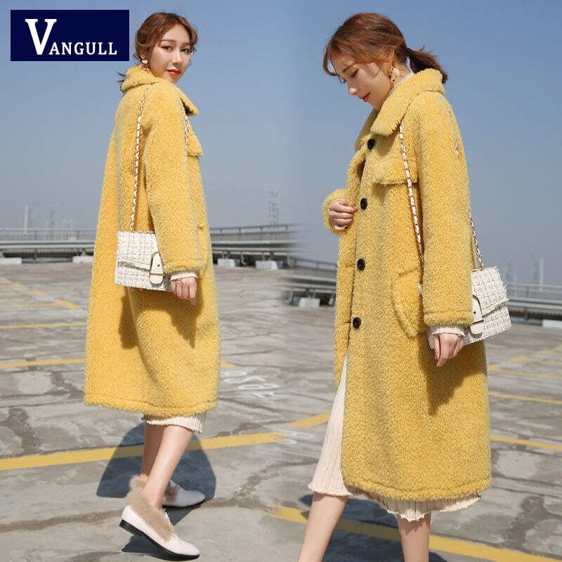 Vangull imitatiebont lange jassen winter casual dames warme lamswol katoenen effen jas plus fluweel dikke bovenkleding