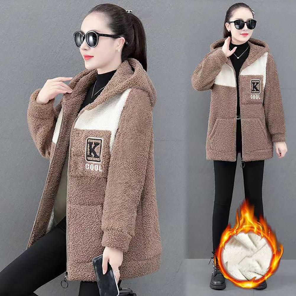 Damenjacke, Colorblock-Vlies-Kapuzenmantel mit Reißverschlusstaschen für Damen, warme Winter-Strickjacke-Jacke, mittellang, Schließfach