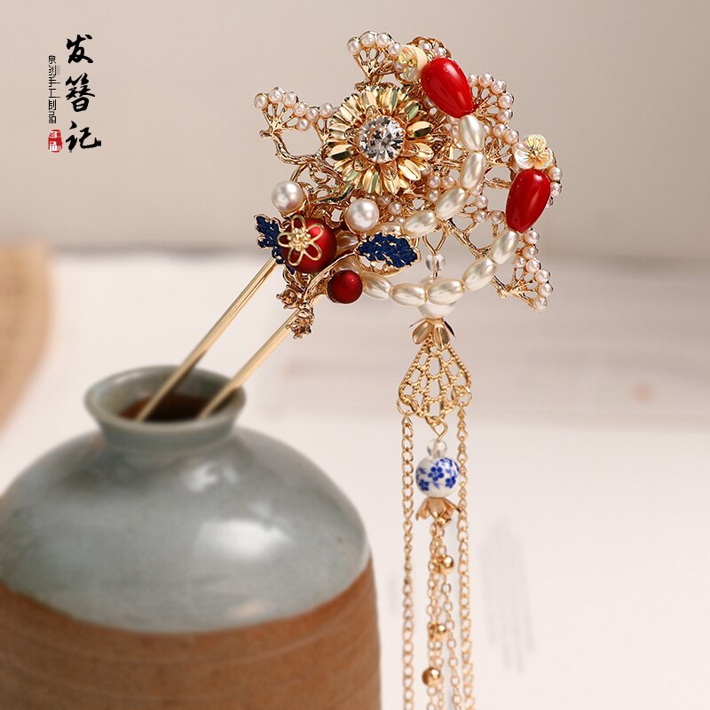 Hanfu tocado mujer antigüedad precioso Phoenix Crown accesorios para el cabello conjunto Kanzashi paso sacudida perla borla adornos para el cabello: Kanzashi Right