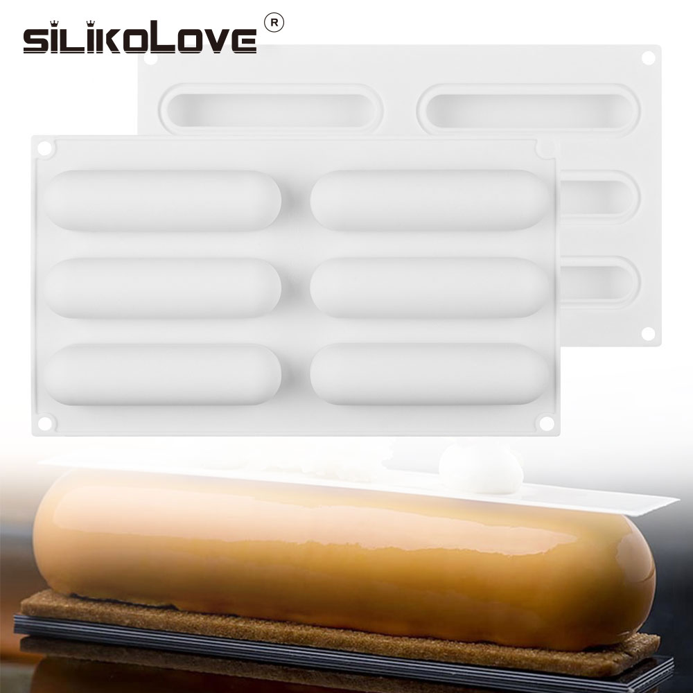 Silikolove 6- hulrum oval lang mousse silikoneform kageforme fransk wienerbrød dessert kage dekoration bagværk