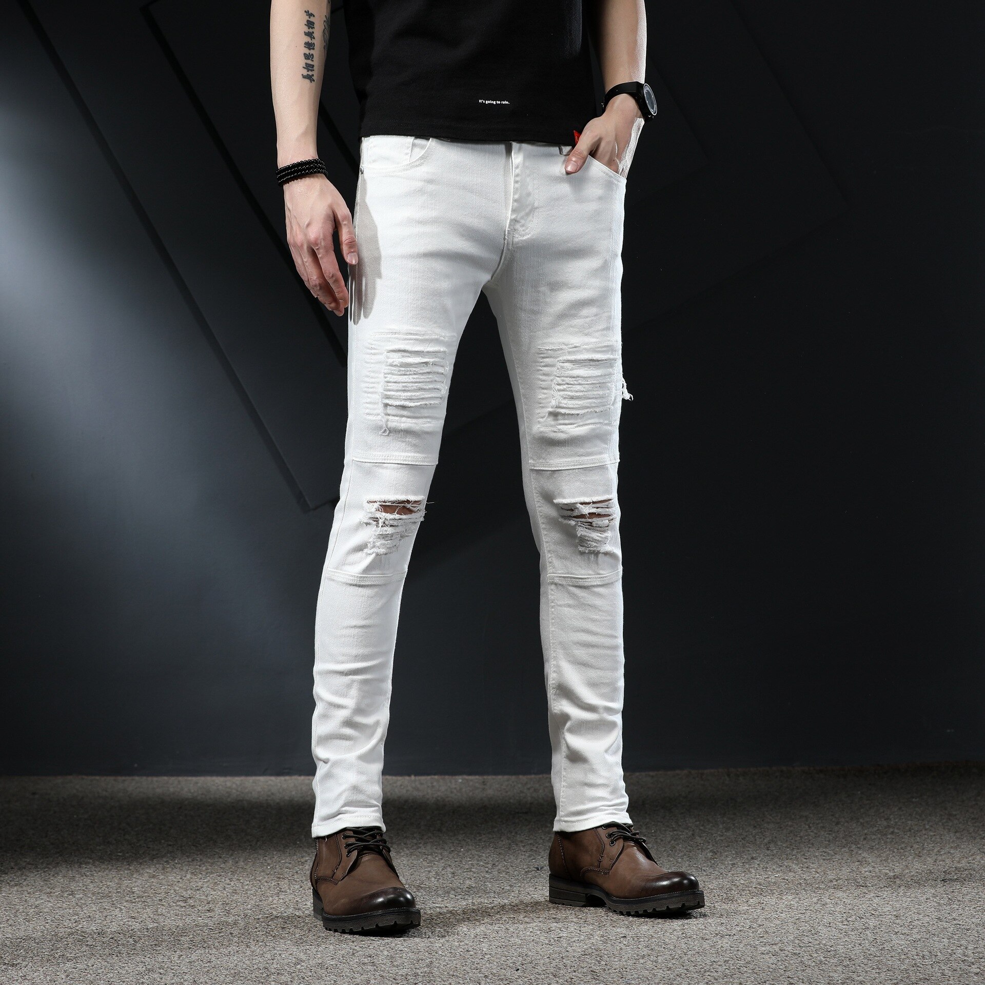 Ripped Jeans Voor Mannen Skinny Witte Jeans Stretch Denim Broek Jeans Heren Jeans Streetwear Patched Verontruste Grote Maat