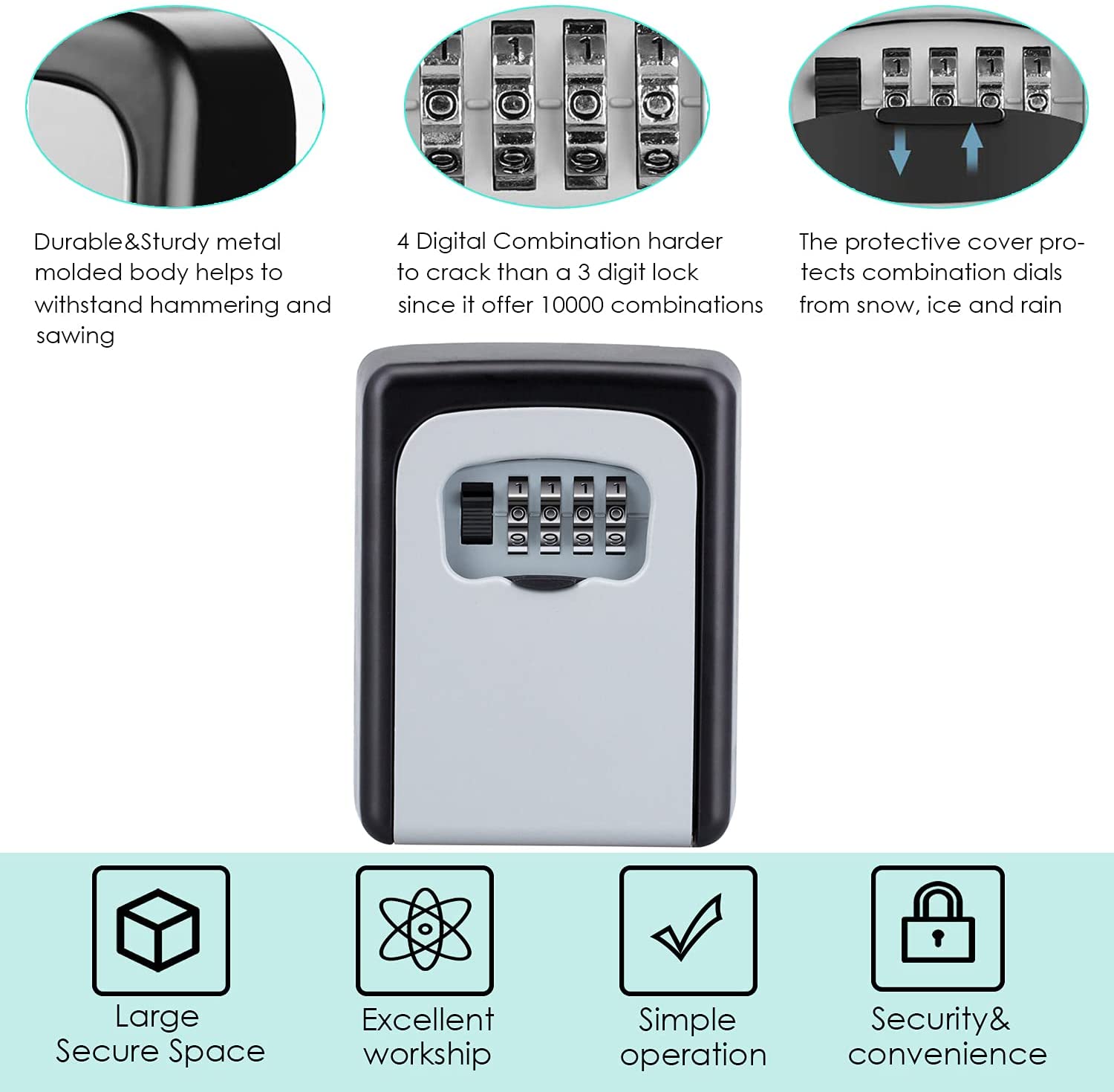Key Storage Lock Box Exterior Outdoor Weatherproof Hide Wall Mounted 4-Digit Combination Lock Box Key Safe Box