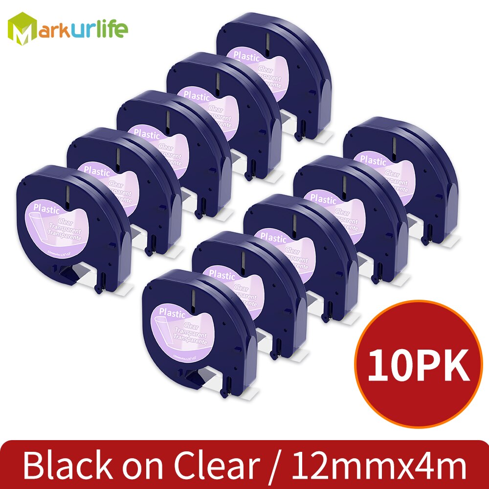 20PCS 91330 LT Label Tape 12mm*4m Compatible For Dymo Letratag Plastic 91200 91331 91201 12267 18769 18771 For LT-100H LT-100T: 10p Black on Clear