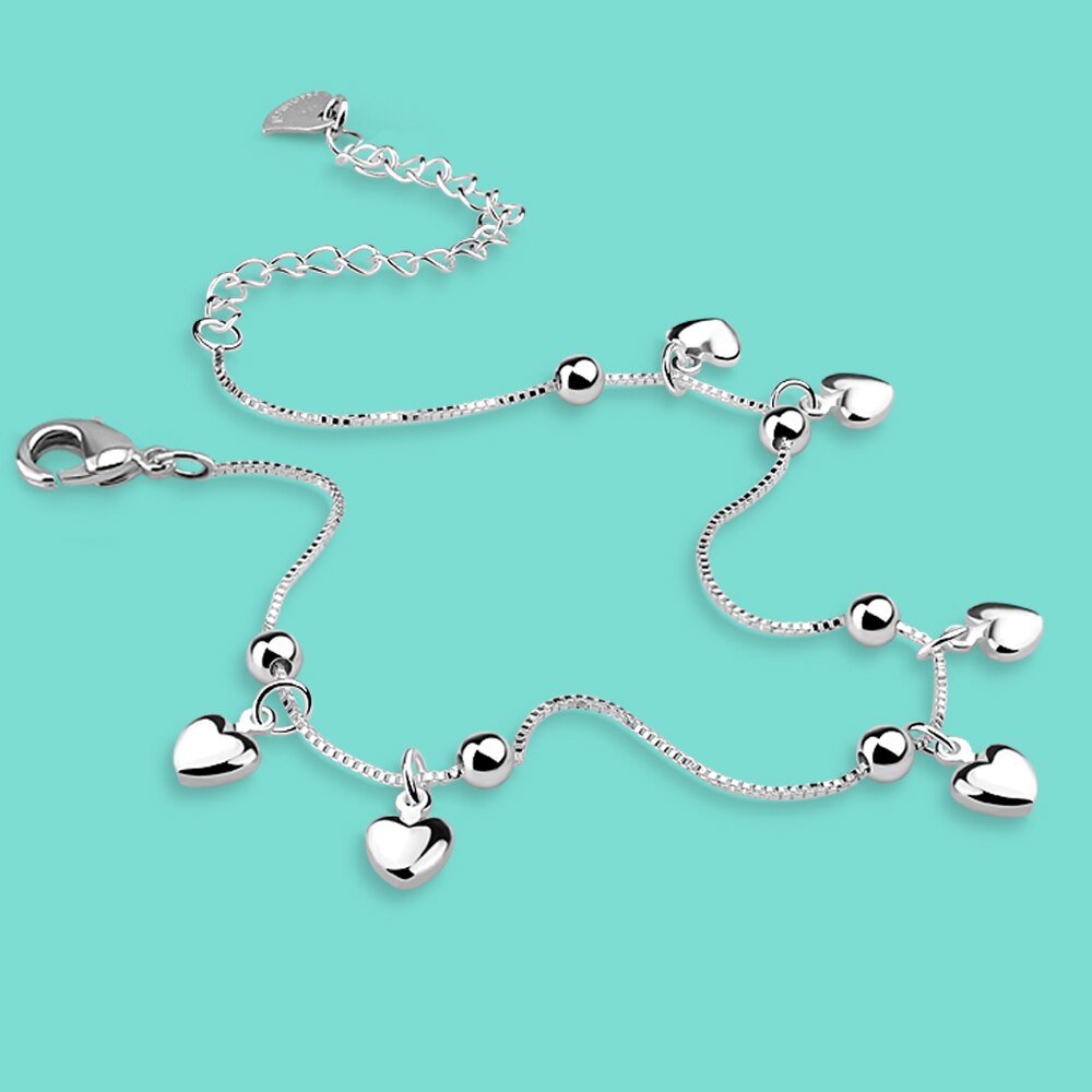 925 Sterling Silver Female Anklet Simple Heart-Shaped Pendant Ankle Bracelet Silver Chain Summer Popular Beach Jewelry