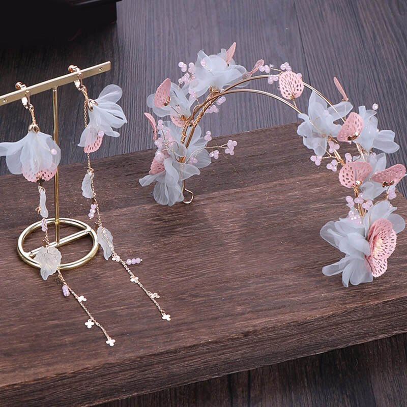 FORSEVEN Chinese Dress Headdress Set Flowers Crystal Hairband Long Fairy Tassels Dangle Earrings Bridal Wedding Jewelry Sets: Default Title