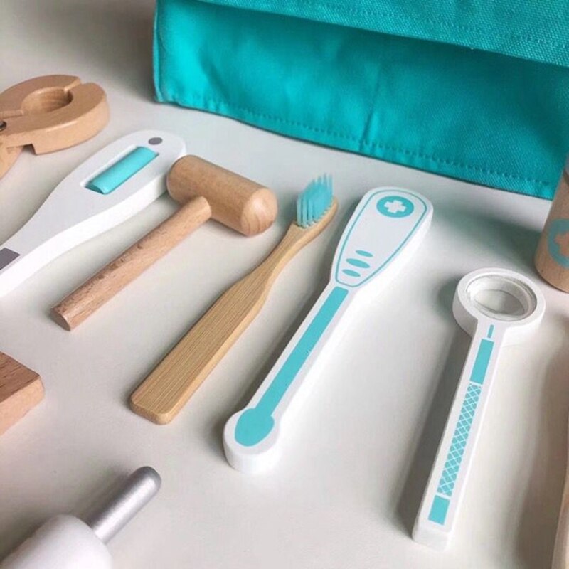 18 stk børn træ foregiver tandlæge værktøjskasse simuleringsværktøj pædagogisk legetøjssæt med stetoskop til børn