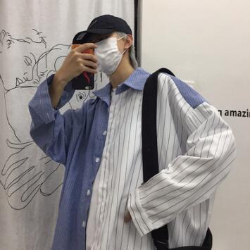 Mænd stribe patchwork oversize skjorte koreansk stil afslappet bluse unisex vintage punk hip hop plus size langærmede skjorter: Blå / M