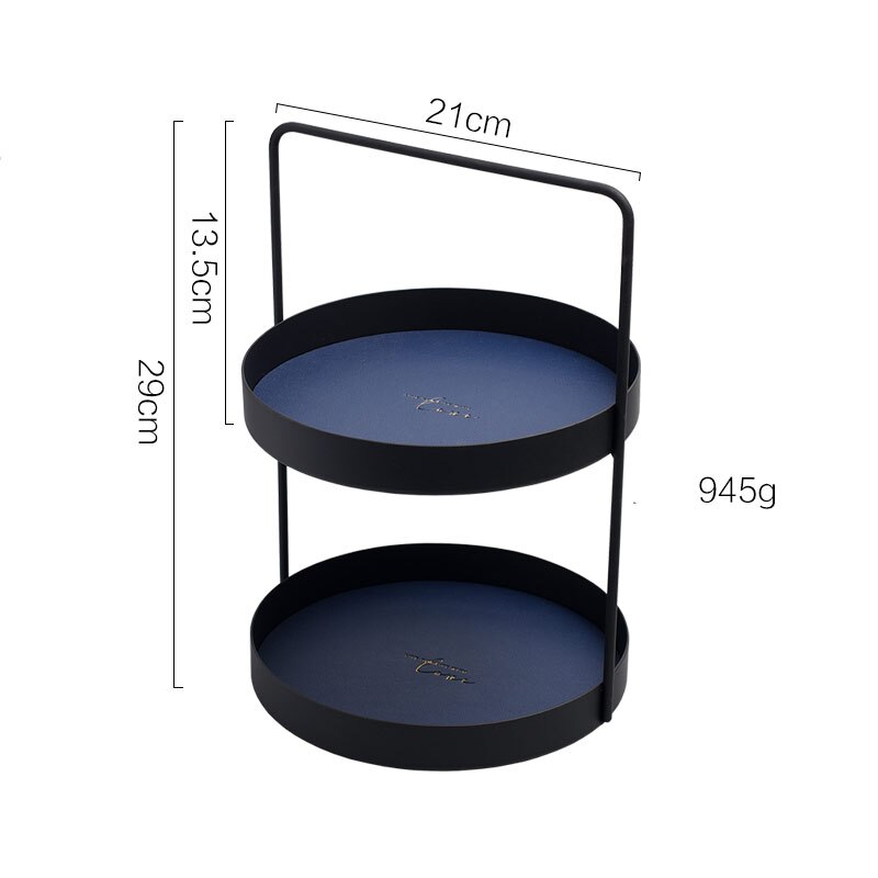 Bandeja de almacenamiento de doble capa de cuero, soporte de anillo de hierro forjado nórdico para el hogar, placa de exhibición de joyería, organizador de tocador: Round Dark Blue