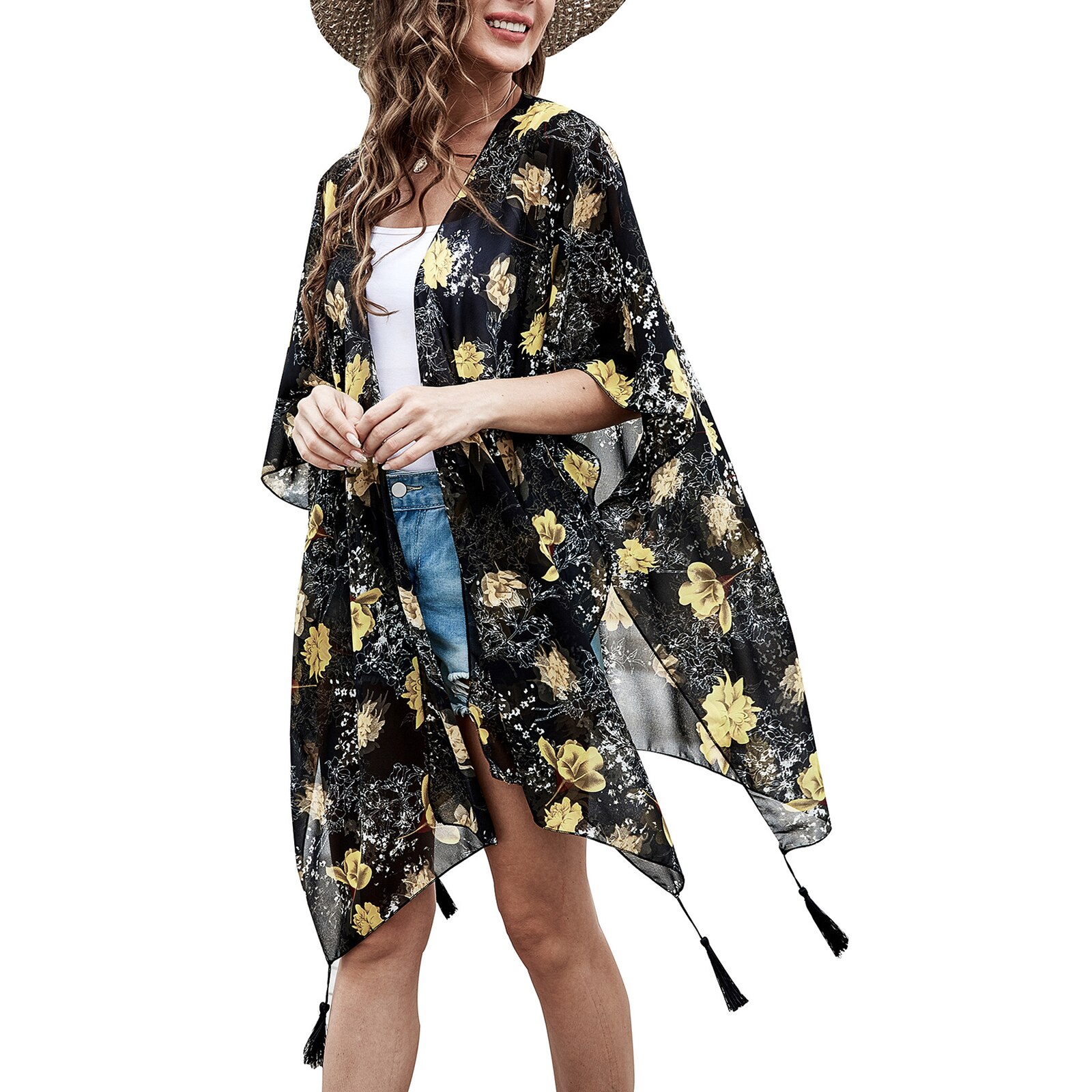 Kimono de gasa para mujer, cárdigan, Top, capa de playa, Bikini, cubierta