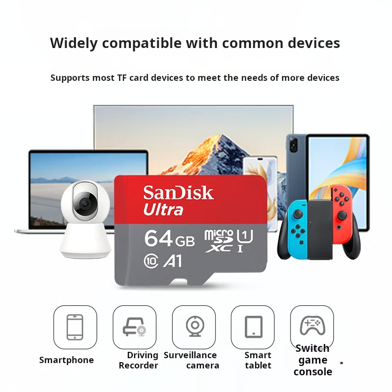 SanDisk 64GB TF (MicroSD) Memory Card, A1 U1 C10, High-Speed Memory Card, Read Speed 140MB/s, Multi-Device Compatible