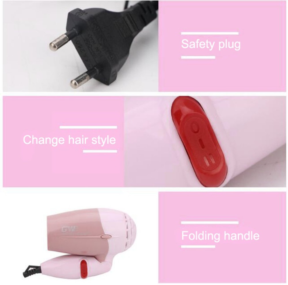 Mini secador de pelo 1000W viento bajo ruido plegable eléctrico soplador de pelo herramientas de estilismo de salón de peluquería para viajar a casa uso GW-662