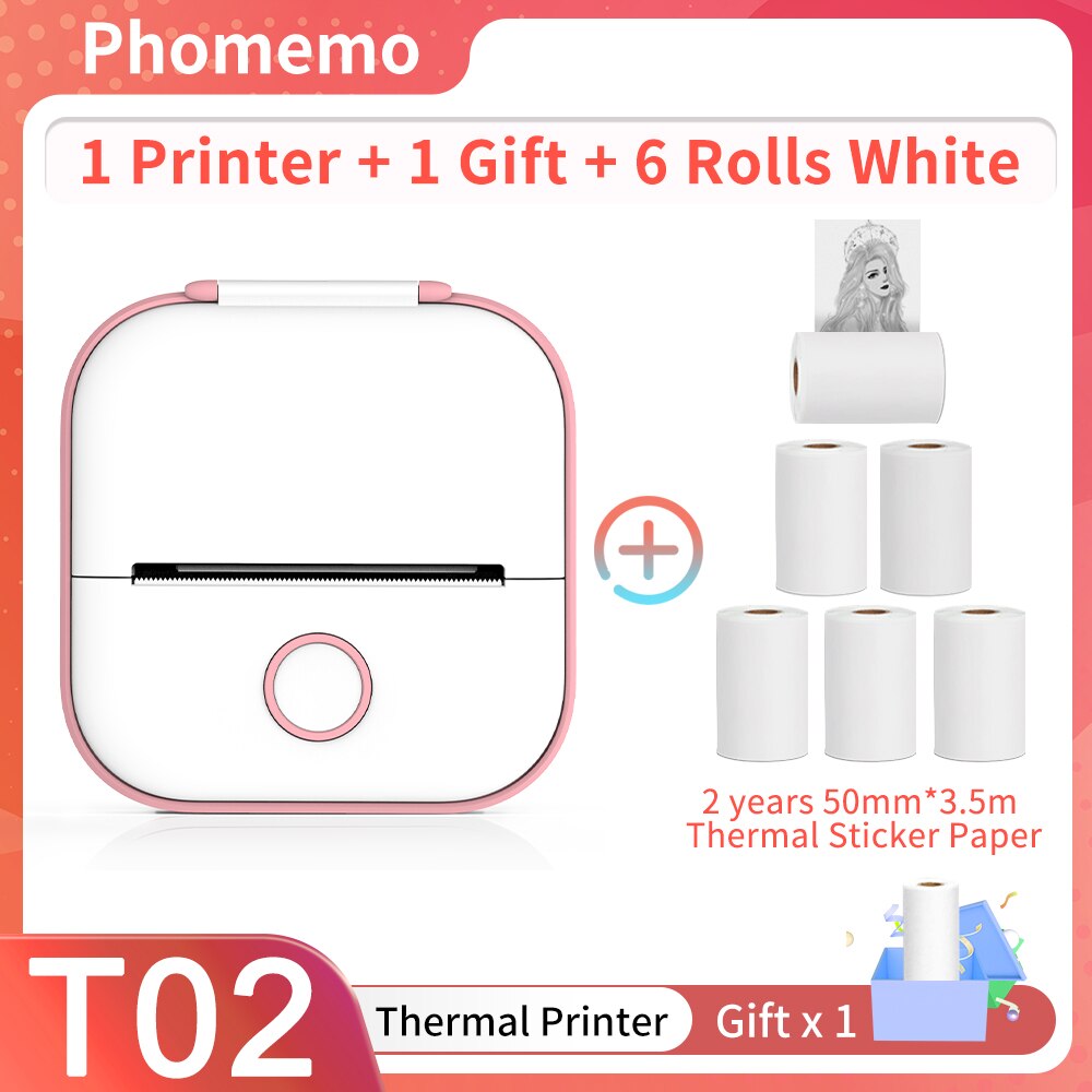 Phomemo T02 – Mini-imprimante thermique Portable sans encre, création d&#39;autocollants, sans fil, pour Journal intime et étude: PK-6 white sticker